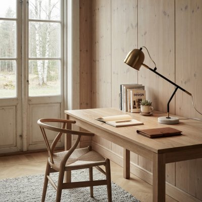 Skrivbordslampa i industristil på skrivbord av trä