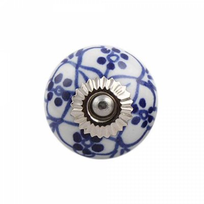 Byråknopp vit med handmålat blått mönster, silverdetaljer